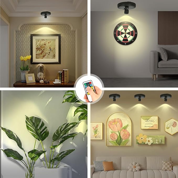 Cordless Spotlight Battery Operated, Indoor Plant Light, LED Display Puck Lights, Dimmable Accent Lighting with Remote, Uplight for Picture Tree Painting Gallery Dartboard Art Photo