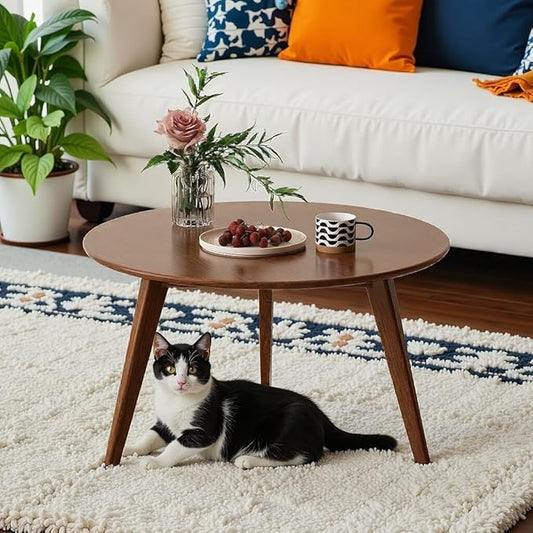 100% Solid Oak Wood Mini Coffee Table, Round Side Table w/Solid Wood Legs, Walnut Mid Century Coffee Table w/Sturdy Frame for Bedroom Balcony Living Room (29.53" D x 17.72" H)