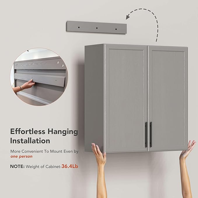 FIMELLO 30" Kitchen Wall Storage Cabinet with Adjustable Shelf, Laundry Cabinet with Doors, Bathroom Storage Cabinet Wall Mount, Storage Cabinet for Bathroom, Kitchen, Laundry Room Cabinet, Grey