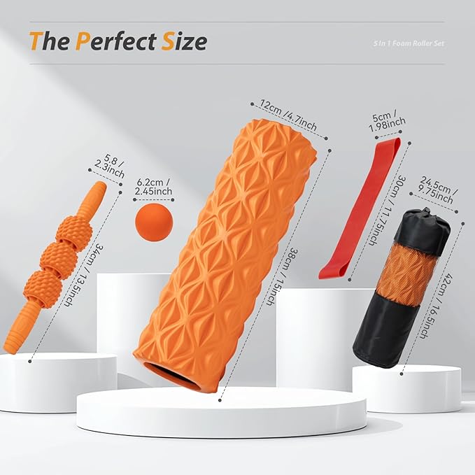 5 in1 Foam Roller Set, Trigger Point Foam Roller, Massage Roller Stick, Massage Ball, Resistance Band for Deep Muscle Massage Pilates Yoga,Fitness Exercise for Whole Body (Pure Orange)