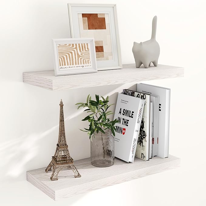 24 x 9 Floating Shelves, 9 Inch Deep Floating Shelf Wall Mounted, 24 Inch Bathroom Shelves Set of 2, Rustic Wood Wall Shelf for Bedroom, Living Room, Brich Color