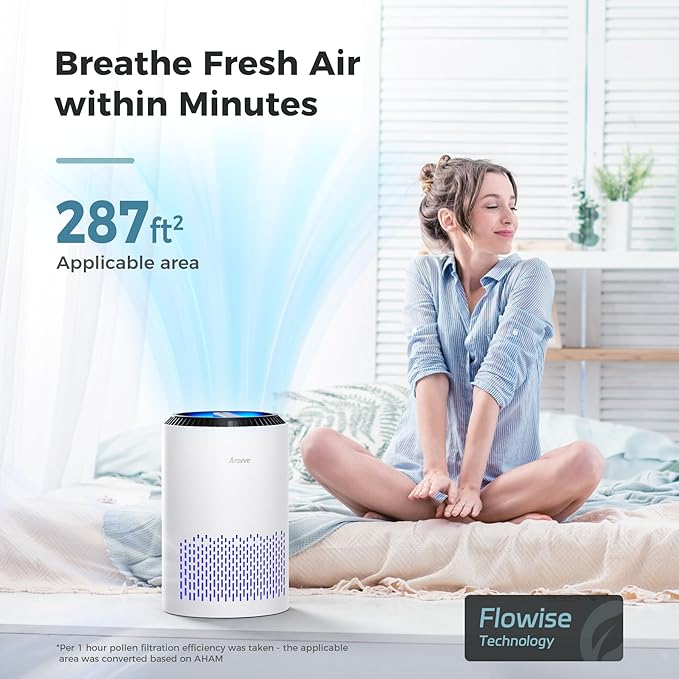 AROEVE Air Purifiers for Bedroom Home, 3 Layer Filter for Smoke Pollen Allergies Pet Dander Odor, Sleep Mode for Better Sleep, Energy Saving, 3 Speeds, Timer for Office, Dorm, Kitchen, MK01, White