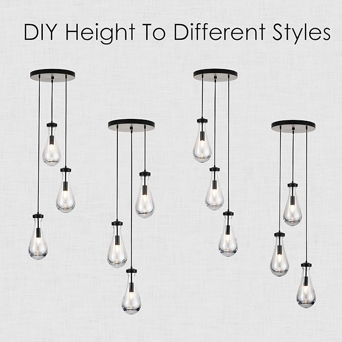 3-Light Raindrop Pendant Light Fixtures, Black Glass Pendant Lighting, Teardrops Modern Hanging Light for Entryway Foyer Kitchen Island Dining Living Room Hallway
