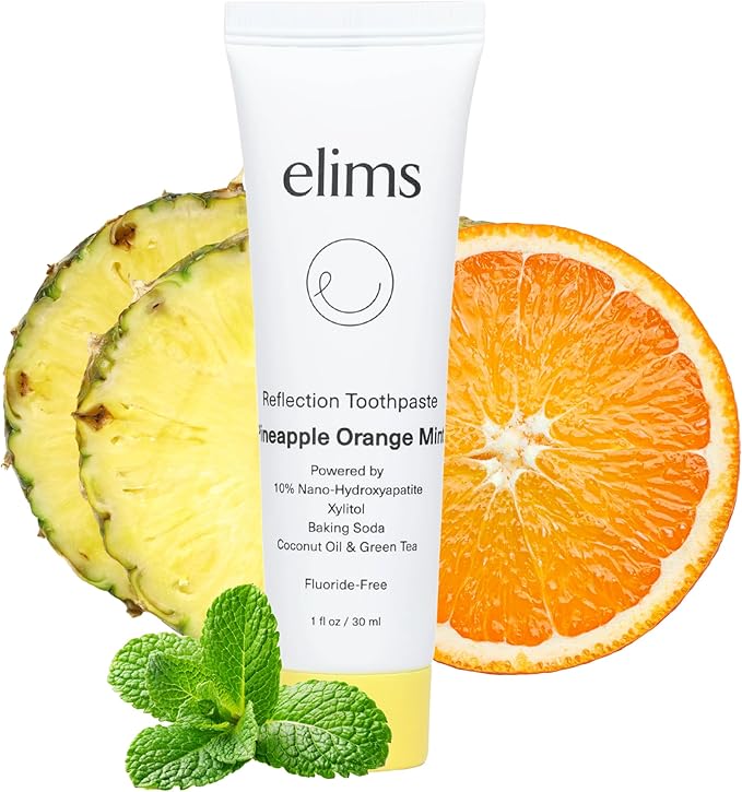 ELIMS Travel Size Nano Hydroxyapatite Toothpaste Fluoride Free - Xylitol Remineralizing Toothpaste for Whitening Sensitive Teeth - Orange Pineapple Mint Toothpaste for Adults & Kids 1oz