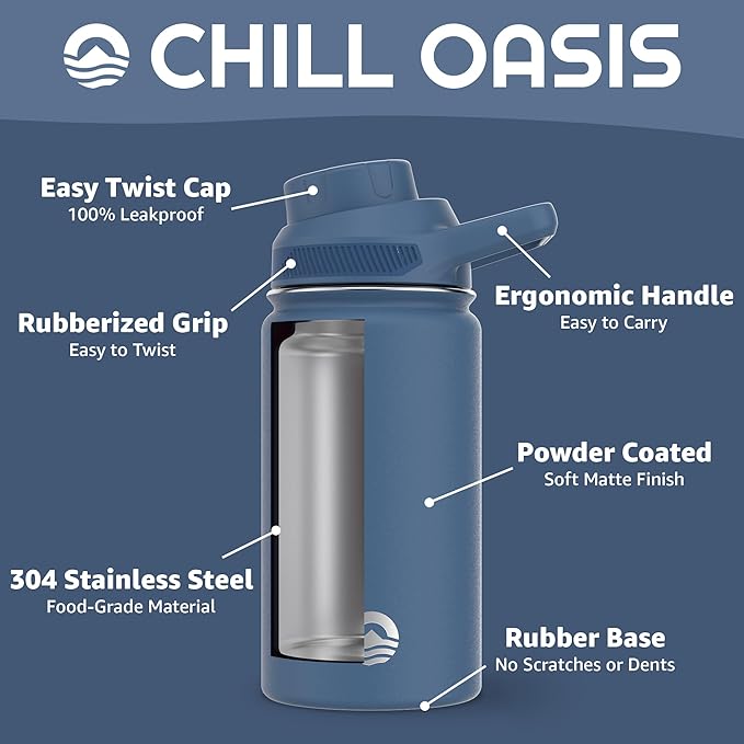 Chill Oasis Water Bottle | Compatible With Popular Flavor Cartridges | BPA Free, Leak Proof, Double-Walled Vacuum Insulated Stainless Steel, and Dishwasher Safe | Cold for 24 Hours (Navy, 12oz)