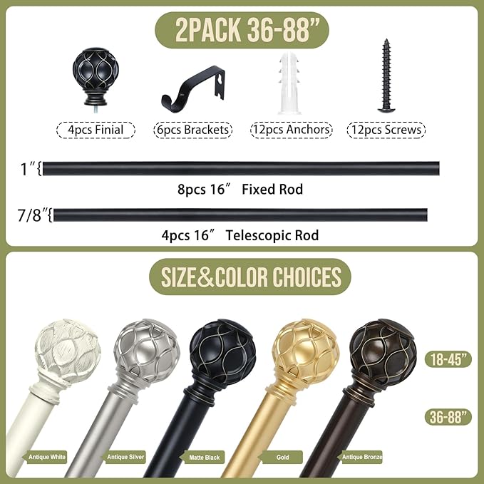 Black Adjustable Curtain Rods for Windows:Farmhouse Heavy Duty Curtain Rod for Bedroom Living Room,Boho Decorative Rustic Drapery Rods with Vintage Coastal Finials,Matte Black 2 Pack 36-88"