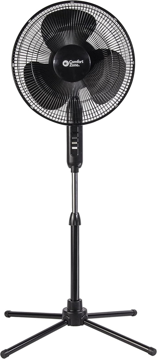 Comfort Zone Electric Oscillating Pedestal Fan, Stand Fan, 16 inch, 3 Speed, 90 Degree Oscillating Head, Adjustable Height and Tilt, Airflow 7.48 ft/sec, Ideal for Home, Bedroom & Office, CZST161BTEBK
