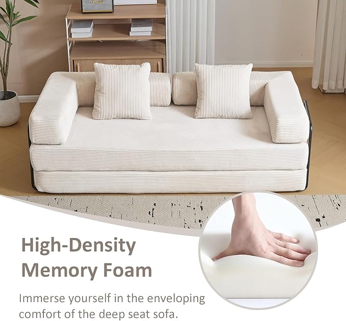 Convertible Sleeper Sofa Bed, Compression Folding Sofa with Pillow, No Assembly Required, Shape Frame, Floor Sofas Lounge Couch for Living Room, Bedroom, Small Spaces(Corduroy, 77''W, Off-white)