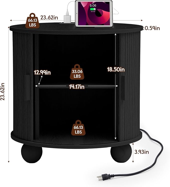 AVZEAR 24" Large Round End Table with Charging Station, Farmhouse Fluted Sofa Side Table with Sliding Tambour Door & Storage, Mid-Century Wood Nightstand for Living Room, Bedroom, Black