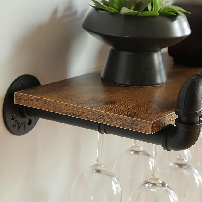 41 Inch Wine Rack Wall Mounted 2 Tier, Hanging Floating Bar Liquor Shelves with Glass Holder Storage Under, Industrial Rustic Pipe Farmhouse Kitchen Decor Black