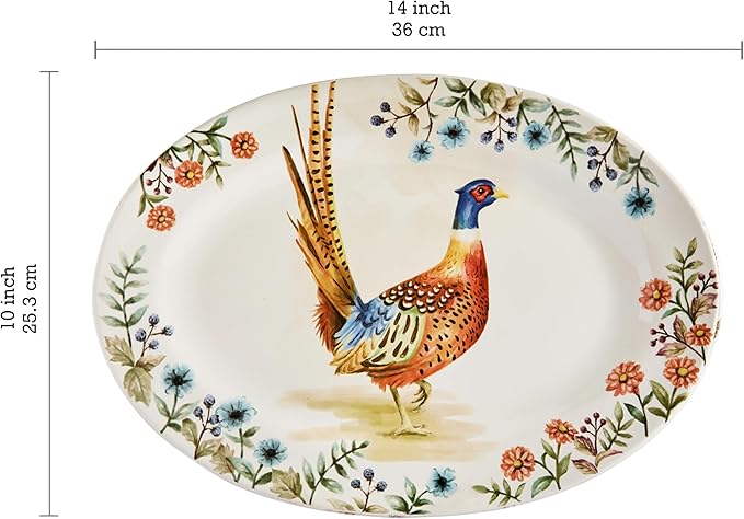Bico Autumn Birds 16 plus 14 inch Oval Platters Set, Set of 2, Microwave and Dishwasher Safe, for Serving Fish, Chicken, Turkey