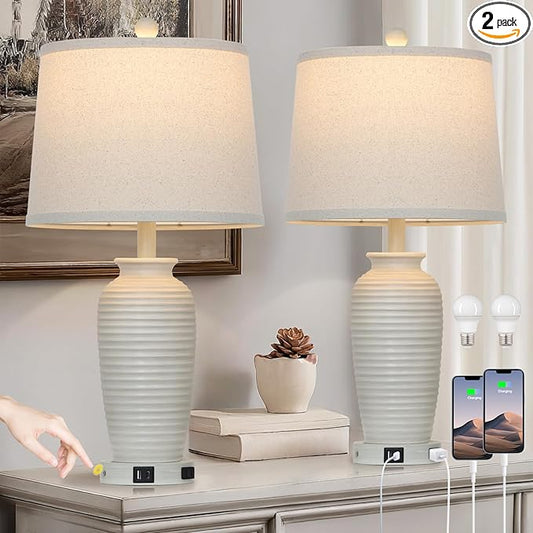 25" Farmhouse Jar Table Lamps Set of 2,Rustic Cream Pot Table Lamp for Bedroom, Living Room,3 Way Touch Control Rustic Bedside Lamps with USB A+C Ports & AC Outlet(LED Bulbs Included)
