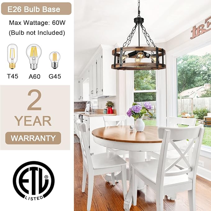 Farmhouse Rustic Wood Chandelier, 4-Light Industrial Drum Chandelier for Dining Room Vintage Pendant Hanging Light Fixture with Black Metal Accent for Kitchen Living Room Dining Area