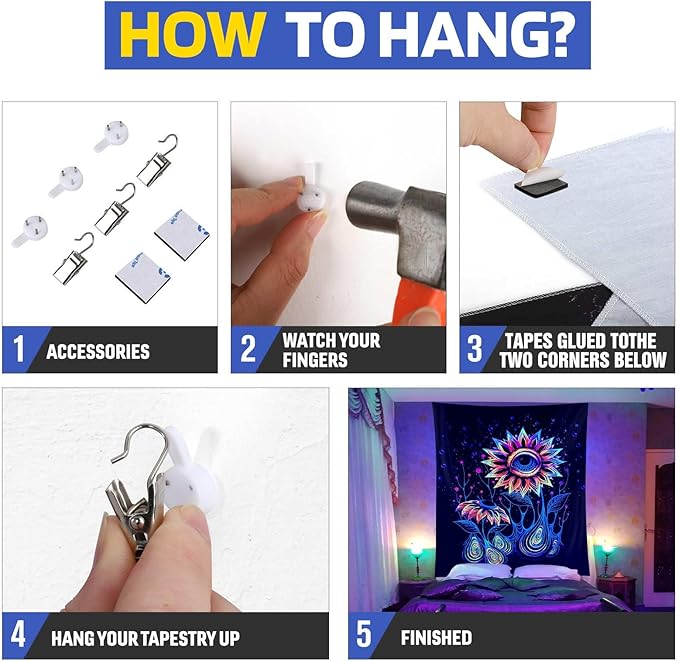 ADDWel Blacklight Sunflower Tapestry, Hippie Eye Tapestry Glow In The Dark, UV Reactive Black Light Upright Posters Wall Hanging for Bedroom Dorm Living Room Backdrop Decor