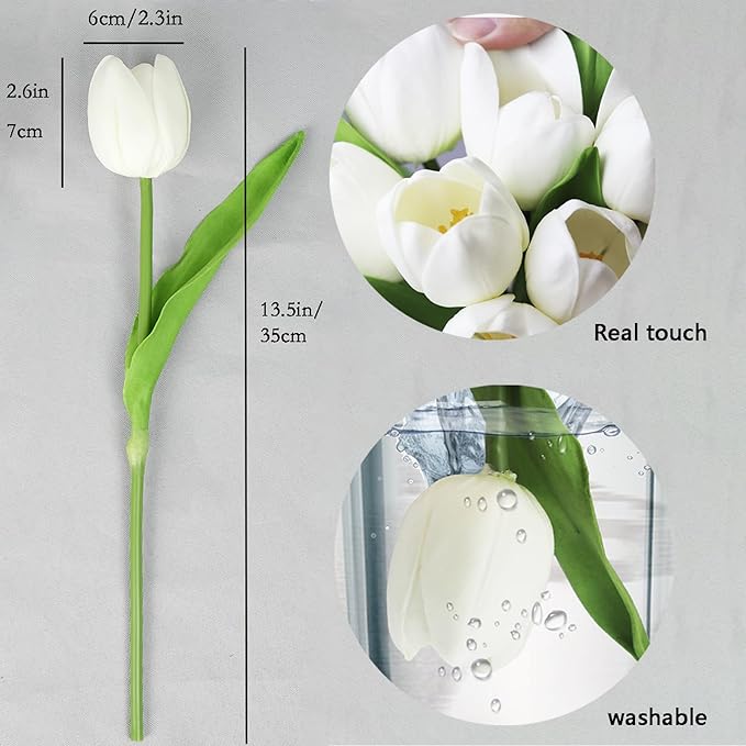 Buart White&Green Tulip Flowers Artificial Luxury Big Tulip Valentine's Day Mother's Day Easter Home Kitchen Wedding Decorations(11pcs)