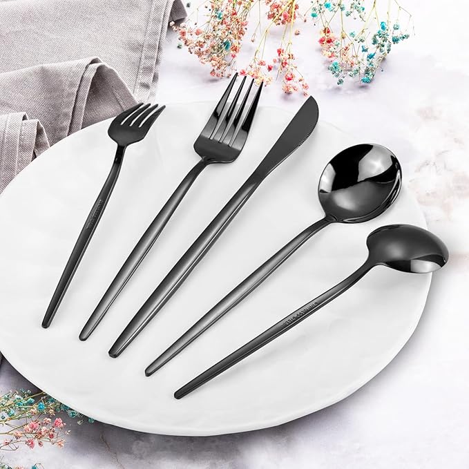 Black Silverware Set, KassKa 40 Pieces Flatware Cutlery Set, Stainless Steel Utensils Set Spoon Fork Knives Set for Home Restaurant and Kitchen, Mirror Polished Finished, Service for 8
