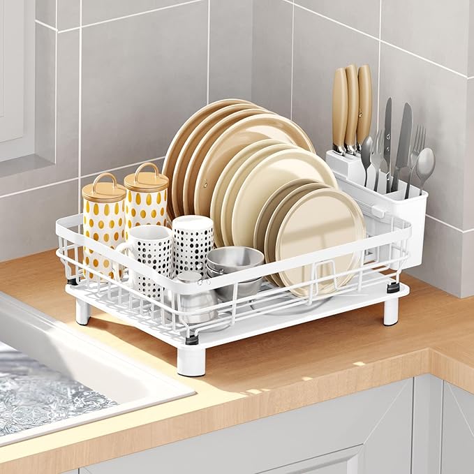 GAXmi Dish Drying Rack Over The Sink Dish Drainer with Drainboard Utensil Holder, 1-Tier White