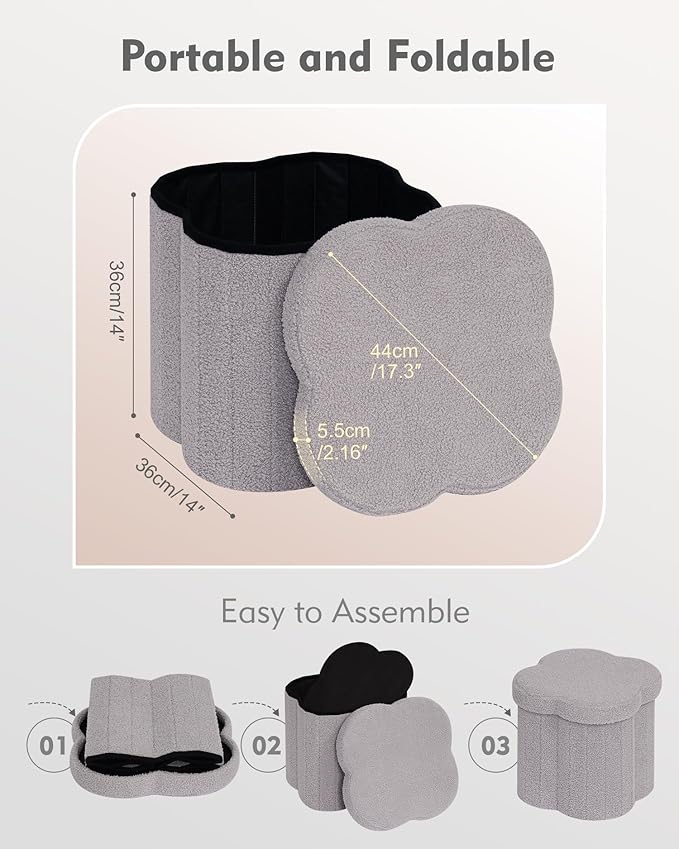 B FSOBEIIALEO Storage Ottoman Cube, Flowers Shaped Ottomans with Storage Foot Stool Footrest, Boucle Ottoman Seat for Dorm Room, Faux Teddy Fur, Grey 15"x15"x15"