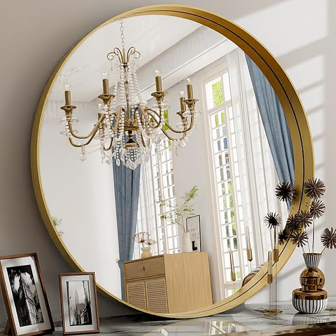 24 Inch Round Bathroom Mirror - Wall Mounted Circle Mirror with Metal Frame, Modern Mirror Suitable for Bathroom, Vanity, Entryway, Living Room, Wall Decor,Gold