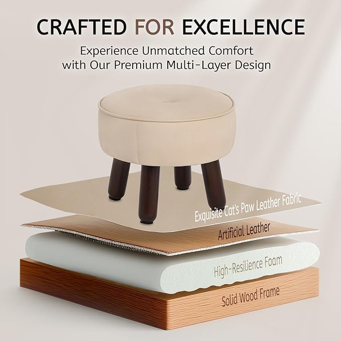 13in Small Foot Stool Ottoman, Round Faux Leather Foot Rest for Couch, Under Desk Pouf Footstool Footrest with Non-Skid Rubber Legs for Ling Room, Bedroom, 13''L x 13''W x 10.2''H, Beige