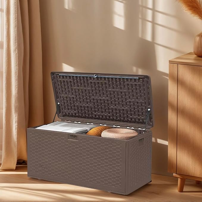 73 Gallon Large Storage Box with Lid,Waterproof Outdoor Storage Container for Patio Furniture Cushions, Gardening Tools, Pool Accessories, Lockable Resin Deck Box with handle Brown