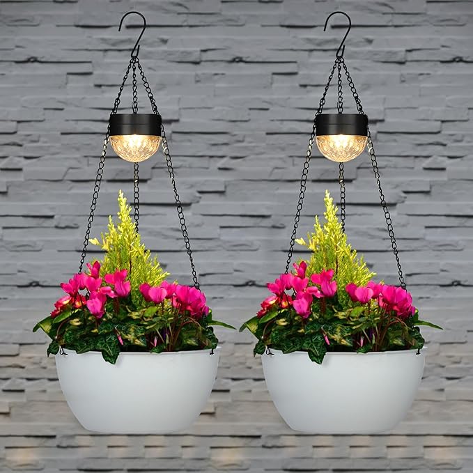 2 Packs Solar Hanging Basket Planters for Plants Outdoor, Self Watering White Flower Plants Pots with Solar Light Drainer for Balcony Patio Garden Outdoor Decoration