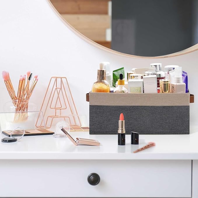 GhvyenntteS Small Fabric Storage Bins 6 Pack, 11.8" x 7.87" x 5.11" Storage Basket with Leather Handles, Closet Storage Bins for Shelves, Storage Baskets for Shelves, DVD Storage (Grey/Beige Yellow)