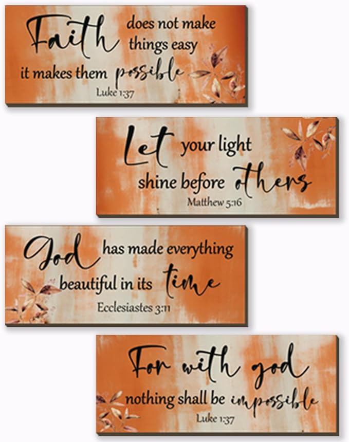 FENCORDAR 4 Pieces Orange Bathroom Decor Bible Verses Decor Wooden Orange Wall Decor Abstract Office Christian Wall Decor Religious Art for Women Office Home Bedroom Living Room Decor(10x4)