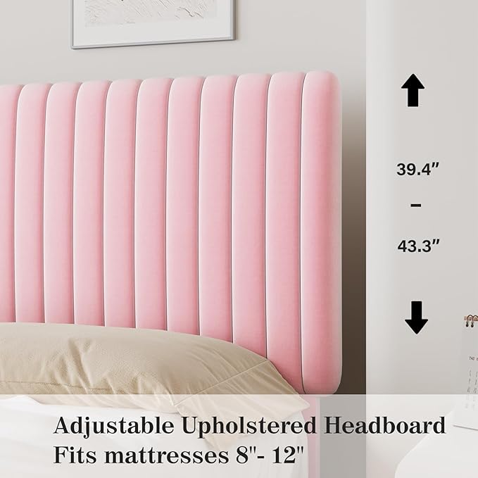 Full Size Bed Frame with Headboard, Velvet Upholstered Platform Bed with Vertical Channel Tufted Design, No Box Spring Required, Easy Assembly, Pink