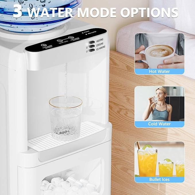 COWSAR 3-in-1 Water Cooler with Ice Maker, Hot & Cold Top Loading, Water Dispenser for 5 Gallon Bottle, 33LBS/24H Ice Maker with Child Safety Lock, White