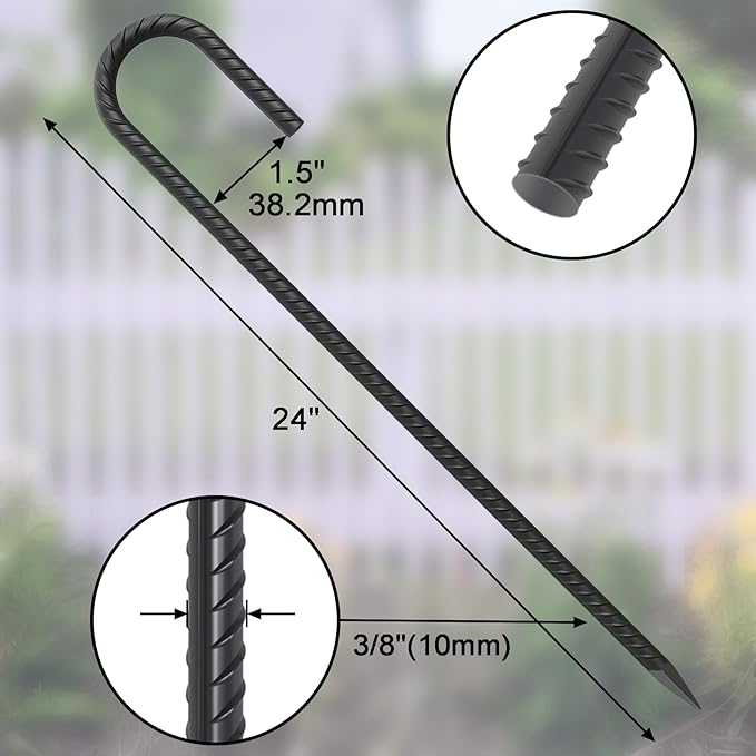 24 Inch Rebar Ground Stakes 3/8 Inch Tent Stakes Heavy Duty 12 Pack Steel Ground Anchors Chain Link Fence Stakes Trampoline Stakes with Chisel Point end for Swing Set and Camping Tent, Black