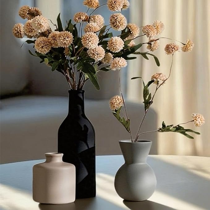 Fake Flowers in Vase for Centerpieces, Faux Flowers in Modern Ceramic Vase Set of 3 with 8 Artificial Autumn Chrysanthemums Home Decor
