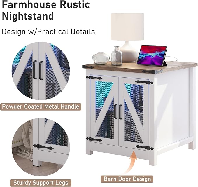 Farmhouse End Table, 24" Large Sofa Side Table with Charging Station, Mesh Barn Door, and Adjustable Storage Shelf, Rustic Wood Square Nightstand for Living Room, Bedroom, Office, White &Brown