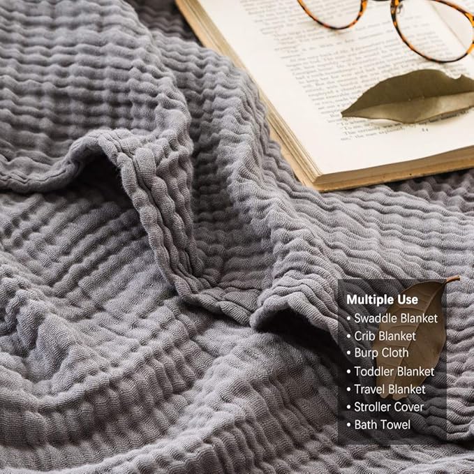 EMME Muslin Grey Twin Blanket 100% Cotton Bed Blankets for Adults and Baby 60"x80" Lightweight Soft Breathable All Season Solid Pre-Washed Gauze, Grey