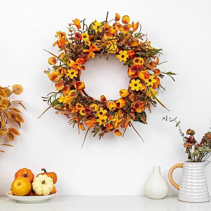 18 Inches Fall Wreaths for Front Door Rustic Autumn Wreath Farmhouse Fall Floral Wreaths with Tulips Phalaenopsis Orange Wildflowers for Wall Window Porch Indoor Outside Decor
