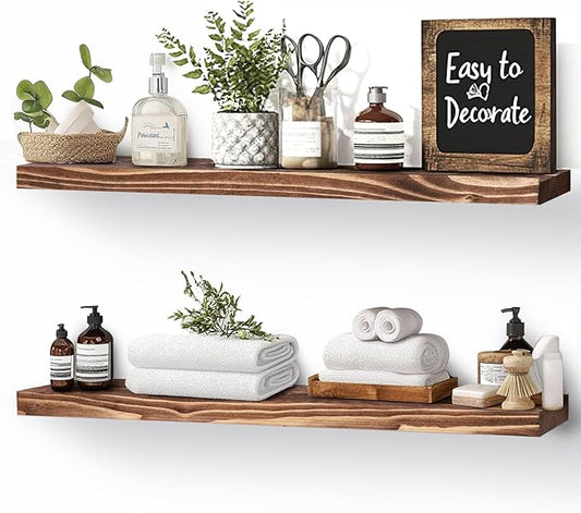 Floating Wall Shelves 2-Pack - Rustic Brown 16-inch Wooden Wall Shelves for Storage and Décor, Multi-Functional and Easy to Install for Living Room, Bedroom, and Kitchen