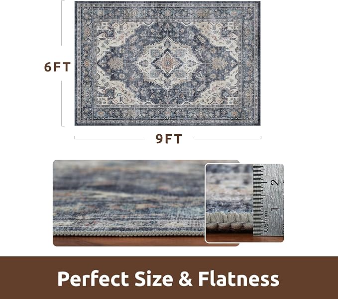 AMOAMI-Area Rug 6X9 Rugs for Living Room-Vintage Soft Blue Rugs for Bedroom-Non Slip Carpet-Machine Washable Rug for Dining Room Living Room Bedroom Office Under Table