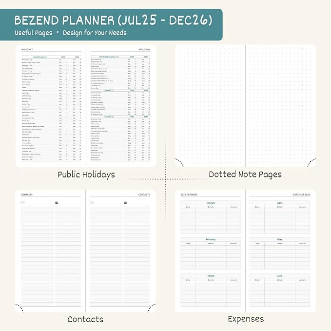 BEZEND Pocket Planner 2025-2026 Weekly and Monthly, 3.5" x 6" Academic Planner (Jul 25-Dec 26) 18-Month Mid-Year Calendar Book, Storage Pocket, Pen Holder, PU Leather Hardcover - Mint Green