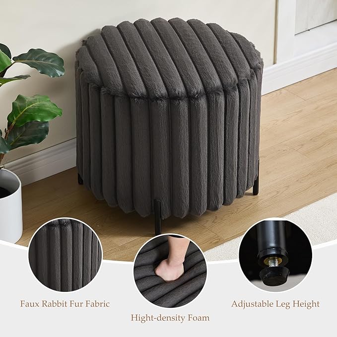 Furniliving Modern Round Ottoman, Large Size Bedroom Ottoman Footstool Round Ottomans Stool for Living Room, Bedroom, Makeup Room, Black, Faux Fur