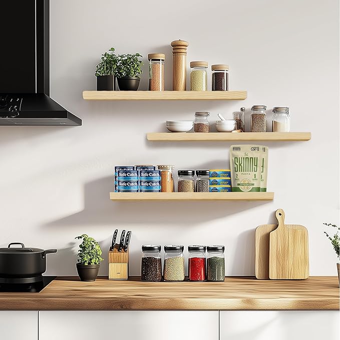 Floating Wall Shelves 3-Pack - 24-Inch Rustic Wooden Shelves for Storage and Décor, Easy Installation for Living Room, Bedroom, and Kitchen