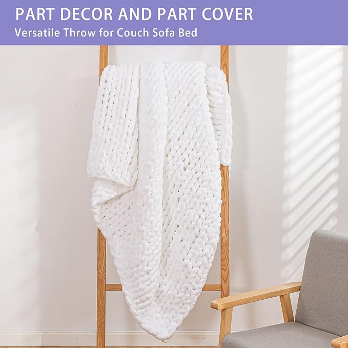 Bigacogo Chunky Knit Throw Blanket for Couch, 60x80 inches, 100% Hand Knitted with Thick Jumbo Chenille Yarn, Cozy Soft Large Rope Knot Cable Crochet Blankets for Sofa Bed Living Room, White