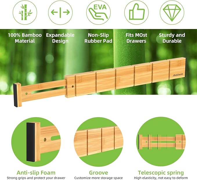 ANTOWIN 4 Pack Expandable Drawer Dividers, 2.2'' High, Extend from 17'' to 22'', Dresser Drawer Organizers, Bamboo Separators for Kitchen, Bedroom, Office, Bathroom, with 12 Pack Divider Inserts