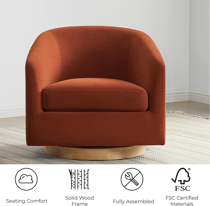 CHITA Swivel Accent Chair, FSC Certified Upholstered Velvet Barrel Chair for Living Room, Fully Assembled, Burnt Orange