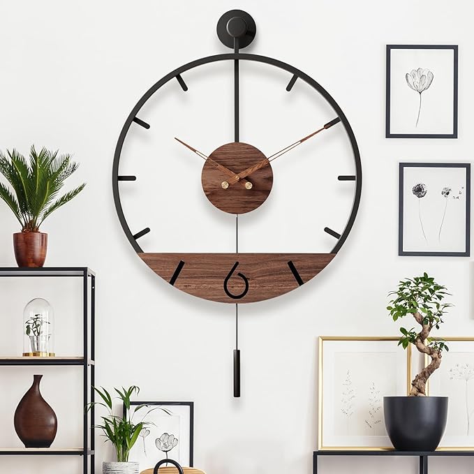 30.7×20 Inch Large Modern Decorative Pendulum Wall Clock,Big Metal Farmhouse Oversized Silent Wall Clocks Minimalist Elegant Walnut Dial Pointers for Living Room,Office,Dining Room Decor