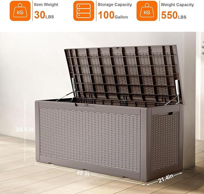 100 Gallon Deck Box Large Outdoor Storage for Patio Furniture,Outdoor Cushions,Garden Tools and Pool Supplies,Waterproof,Resin,Lockable(Grey)
