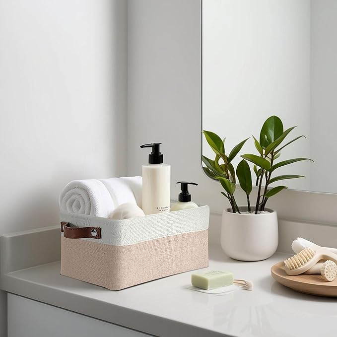 DECOMOMO Small Storage Basket, Closet Storage Bins, Baskets for Organizing Shelves (Beige & White, Small - 6 Pack)