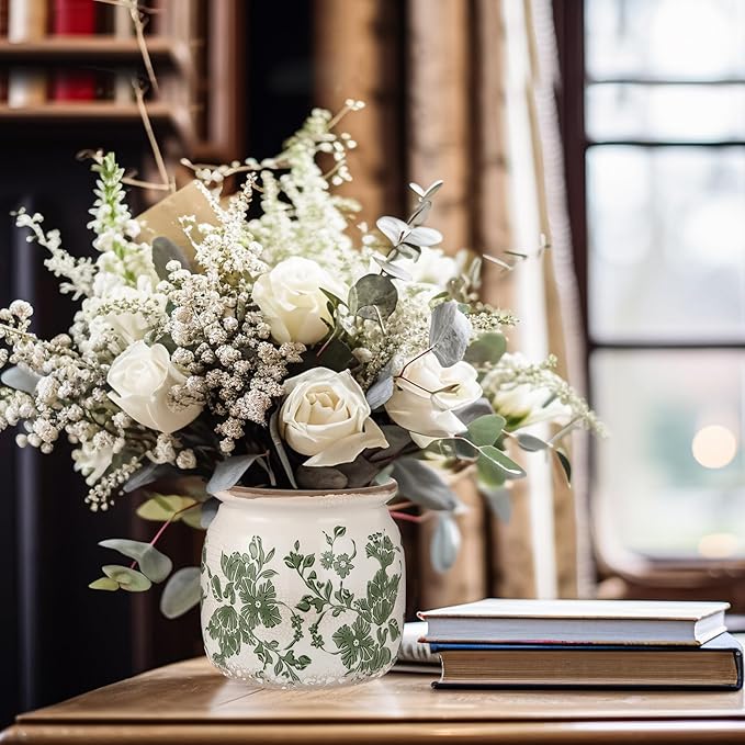 2 Pcs Vintage Planter Large Ceramic Plants Pot Beige Green Vintage Floral Ice Crack Cottage Scroll Vase Flower Vase Pot Indoor Plants Home Kitchen Decor Farmhouse Antique Decorative Gifts