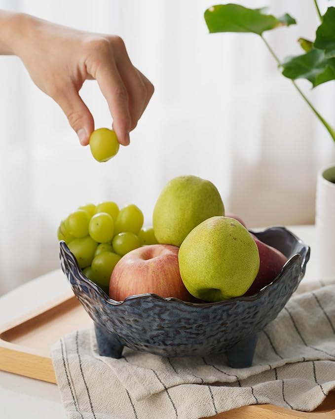 Fruit Bowl, Porcelain Oval Bowl for Kitchen Counter Large Decorative Bowl for Home Decor Centerpiece Bowl for Fruit, Vegetable, Breads, Nuts, Blue