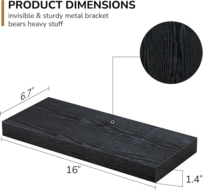Fun Memories Floating Shelves - 16 Inch Rustic Black Wall Shelf - Wall Mounted Shelves for Wall Decor Storage - Wooden Shelves with Invisible Brackets for Living Room, Bedroom, Kitchen, 2 Pack