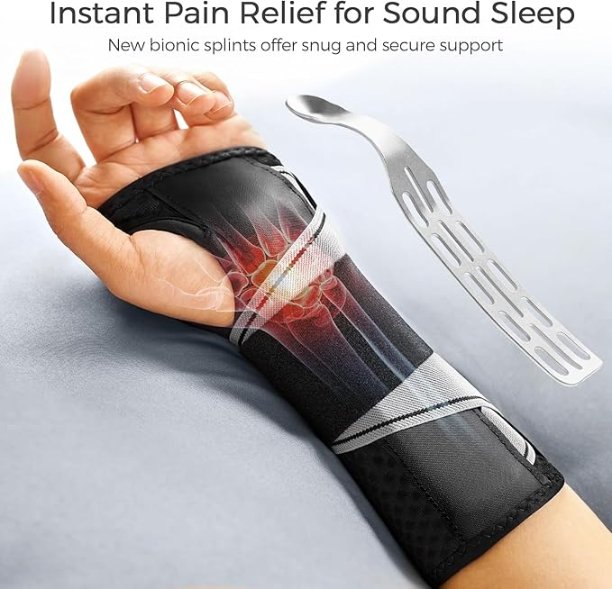 FREETOO Carpal Tunnel Wrist Brace Night Support Fit Right Hand for Work, Pain Relief Wrist Splint for Tendonitis, Arthritis, Sprain, Fit Women and Men, Wrist Immobilizer for Sleeping (S/M, Black/Grey)